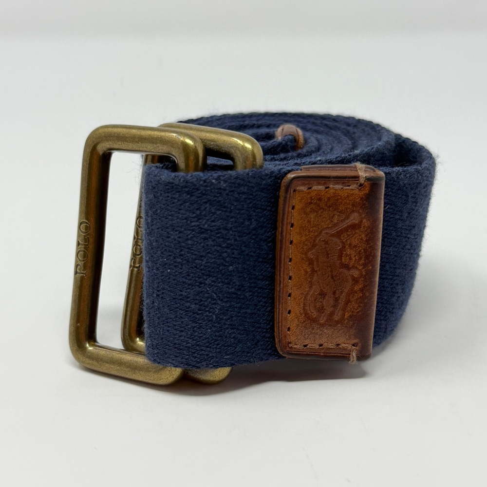 Polo Ralph Lauren Mens Navy Blue Canvas Web Belt Double D-Ring Brass Buckle 42in